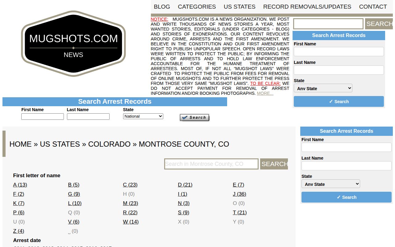 Montrose County old unofficial mugshot archive controls and date range