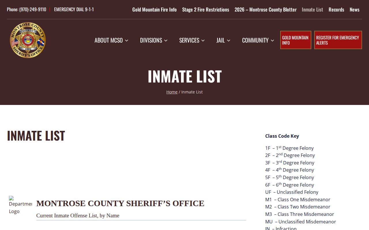 Montrose County Jail current inmate offense list without booking photos