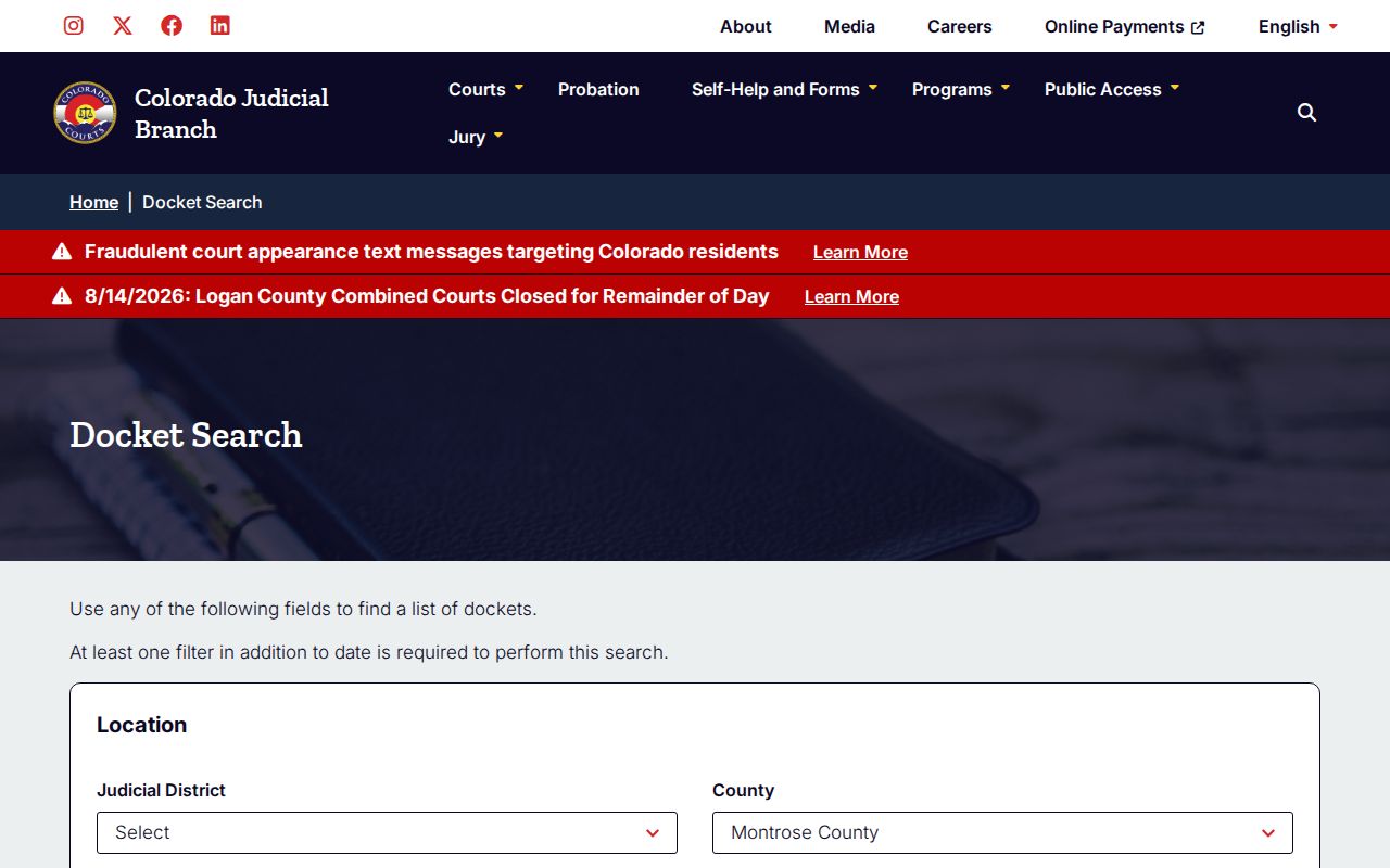 Montrose County court docket search for arrest case outcomes