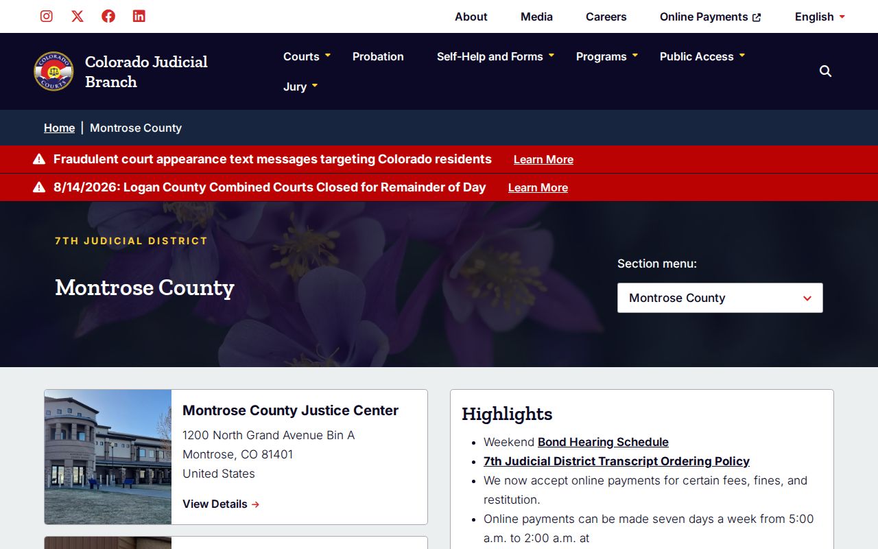 Montrose County warrant court contact and record page