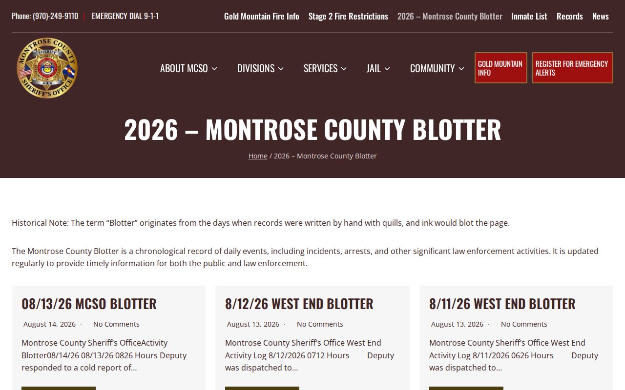 Montrose County Sheriff West End arrest log for Nucla records